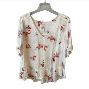 Lucky Brand White Floral Semi Sheer Puff Sleeve M